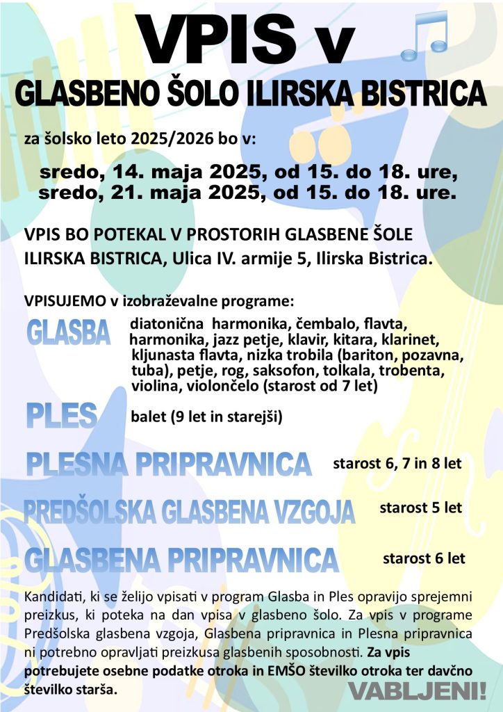 Vpis v Glasbeno šolo Ilirska Bistrica